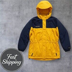 Columbia Women’s L Oversized Vintage Hooded Windbreaker Jacket – Navy/Yellow